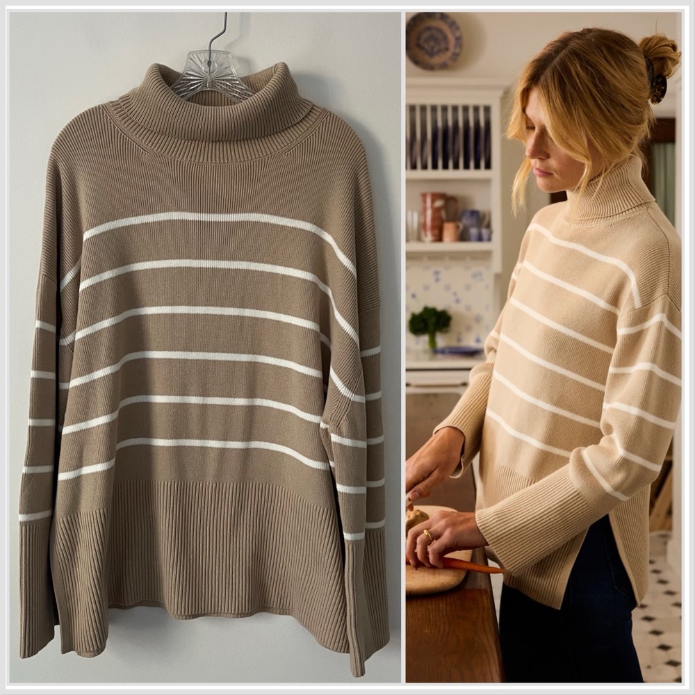 Lake Madeline Sweater Boxy Turtleneck 100% Cotton Driftwood Stripe XXL